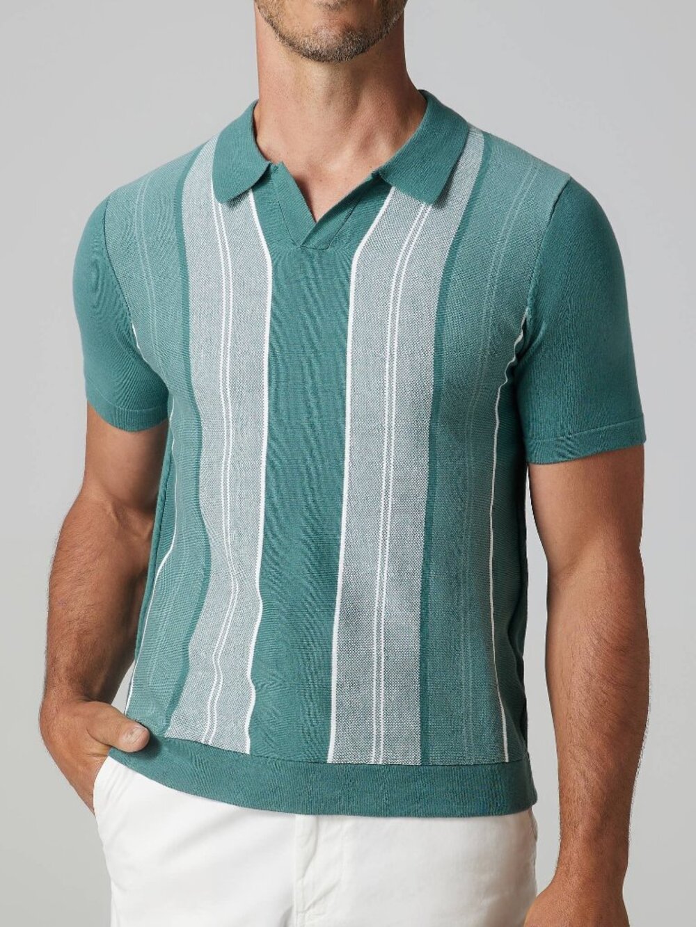 Julian & Mark Teal Green Striped Buttonless Polo